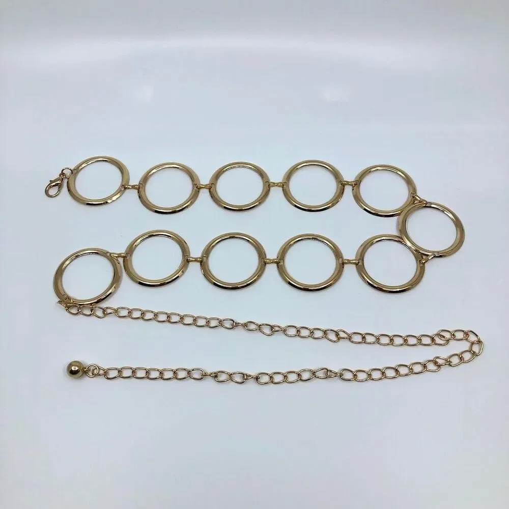 Vintage Y2K Retro Gold Open Circle Chain Belt, Fits 25–44 Inches, X7GA1191